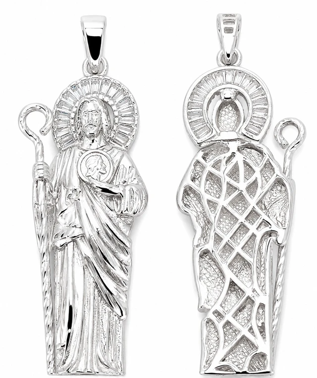 Main image of MST 925 Sterling Silver San Judas Saint Jude 3D Pendant, Baguette Cubic Zirconia Halo, Rhodium Plated, Unisex, Made in Italy