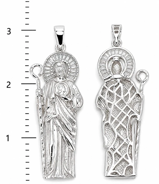 Alt view image 6 of 7 - MST 925 Sterling Silver San Judas Saint Jude 3D Pendant, Baguette Cubic Zirconia Halo, Rhodium Plated, Unisex, Made in Italy