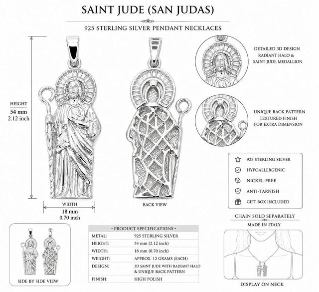 Alt view image 3 of 7 - MST 925 Sterling Silver San Judas Saint Jude 3D Pendant, Baguette Cubic Zirconia Halo, Rhodium Plated, Unisex, Made in Italy