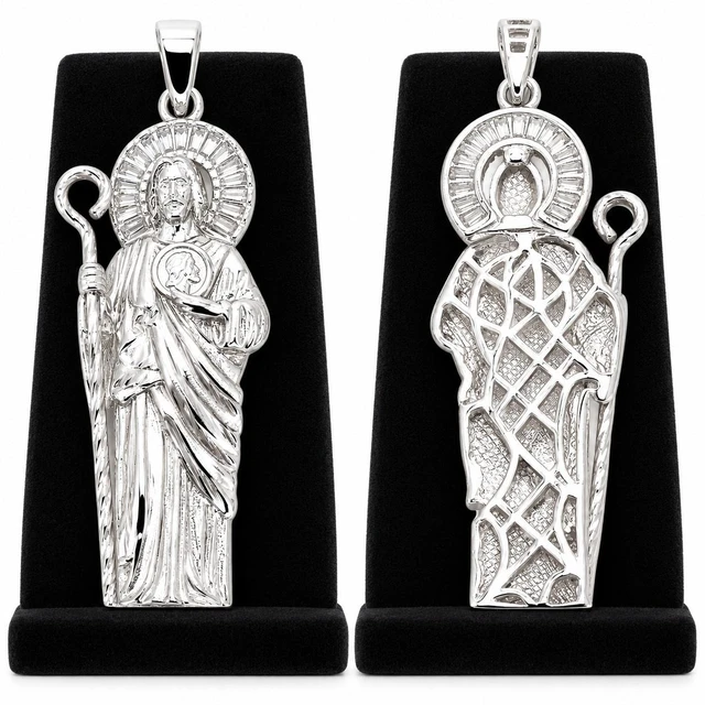 Alt view image 5 of 7 - MST 925 Sterling Silver San Judas Saint Jude 3D Pendant, Baguette Cubic Zirconia Halo, Rhodium Plated, Unisex, Made in Italy