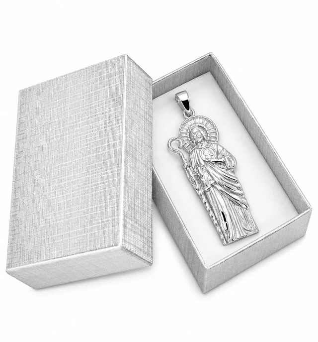 Alt view image 7 of 7 - MST 925 Sterling Silver San Judas Saint Jude 3D Pendant, Baguette Cubic Zirconia Halo, Rhodium Plated, Unisex, Made in Italy