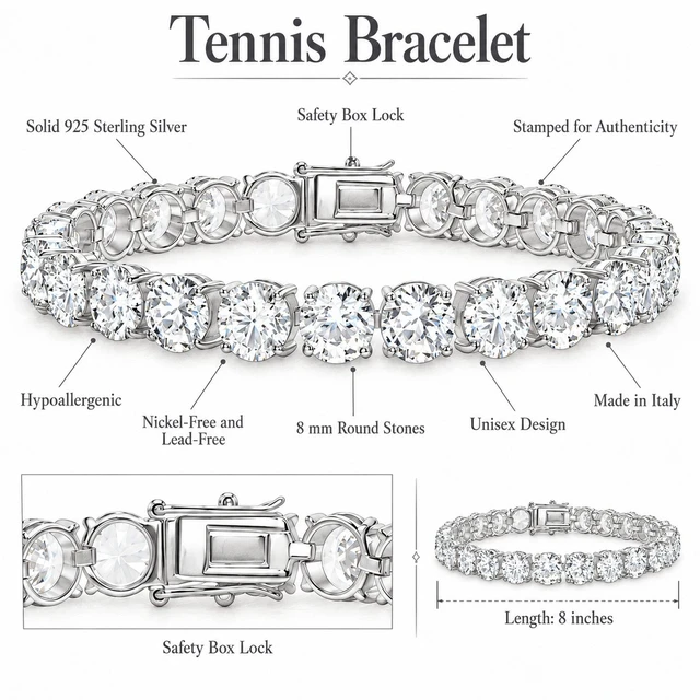 Alt view image 6 of 7 - MST Solid 925 Sterling Silver Tennis Bracelet, 8mm Clear Cubic Zirconia, Rhodium Plated, Unisex, 8 inch Made in Italy