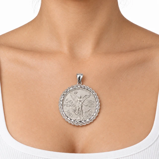 Alt view image 2 of 7 - MST 925 Sterling Silver Mexican Centenario Replica Medallion Pendant, Rope Edge, 56mm, Unisex, All Ages