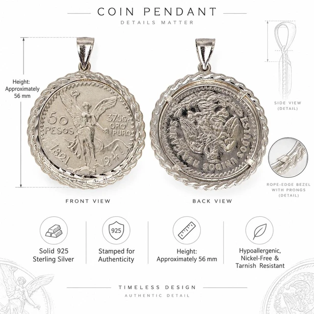 Alt view image 5 of 7 - MST 925 Sterling Silver Mexican Centenario Replica Medallion Pendant, Rope Edge, 56mm, Unisex, All Ages