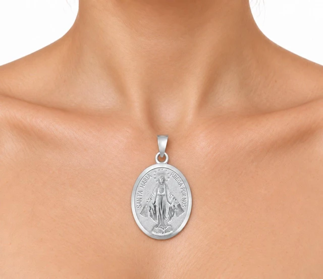 Alt view image 2 of 7 - MST 925 Sterling Silver Virgin Mary Miraculous Medal Pendant, Two-Sided Oval, Large 34 mm, Unisex