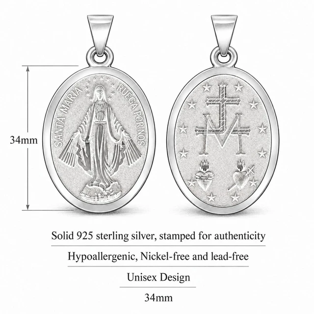 Alt view image 3 of 7 - MST 925 Sterling Silver Virgin Mary Miraculous Medal Pendant, Two-Sided Oval, Large 34 mm, Unisex
