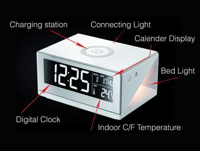 Alt view image 3 of 6 - Boytone BT-12W Fast Wireless Charging Digital Alarm Clock with Temperature & Calendar Display, Bed Light Touch Dimmer, S