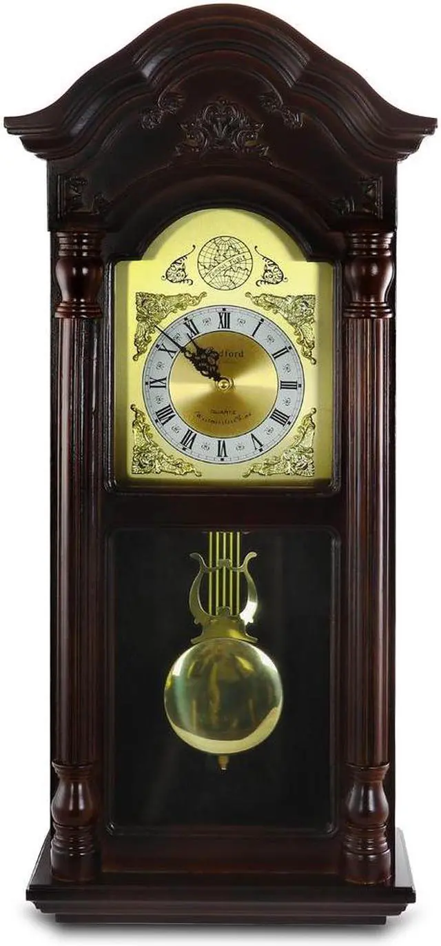 Alt view image 2 of 8 - Bedford Clock Collection 25.5" Antique Mahogany Cherry Oak Chiming Wall Clock with Roman Numerals