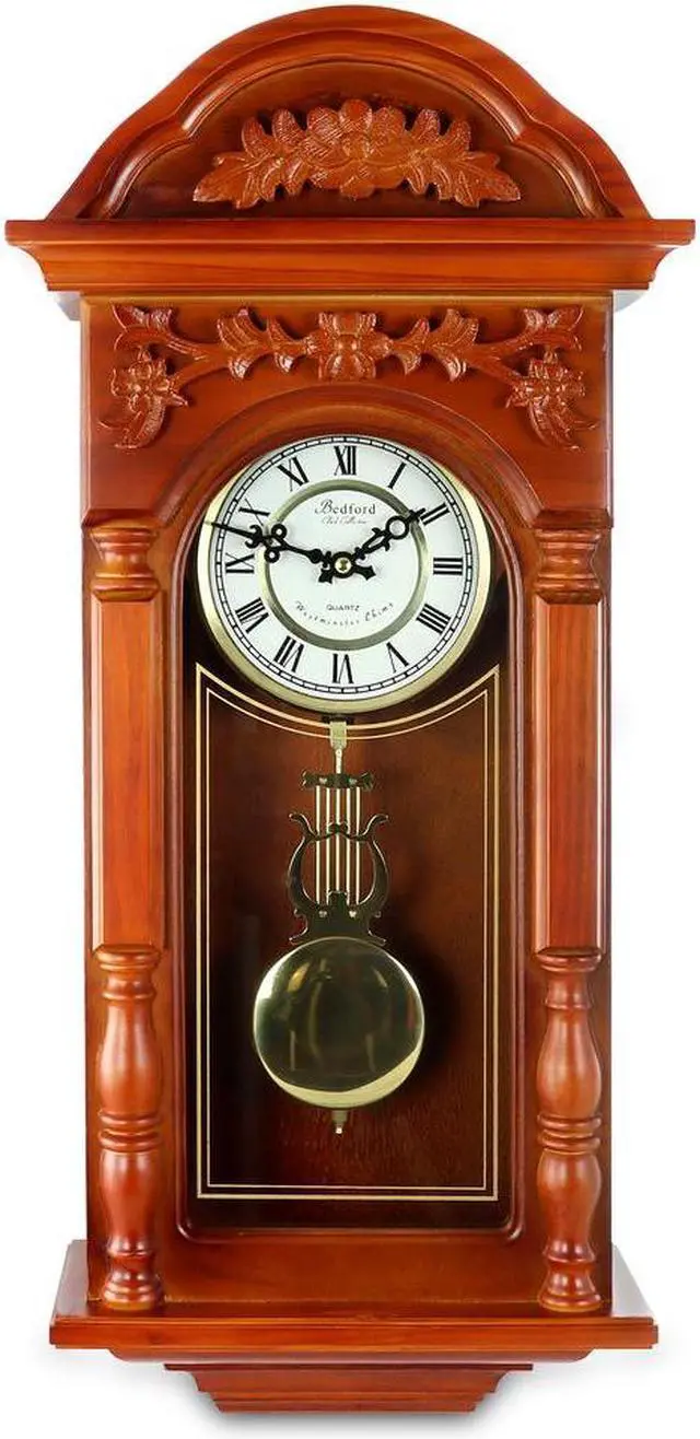 Alt view image 2 of 11 - Bedford Clock Collection 27.5" Antique Chiming Wall Clock with Roman Numerals in a Padauk Oak Finish