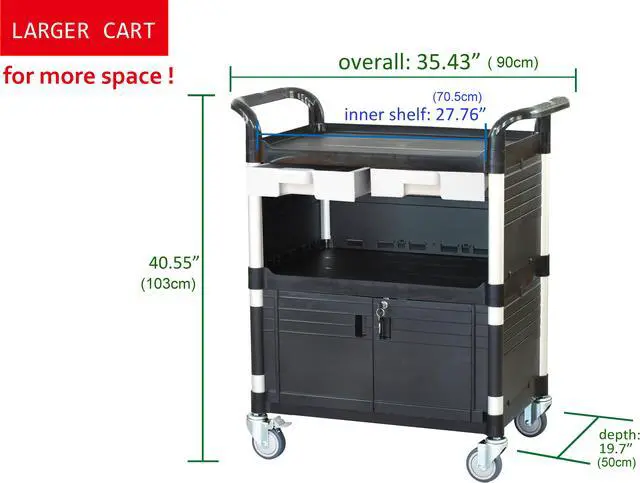 Alt view image 6 of 7 - JaboEquip, Commercial Heavy Duty 3 Tier Utility Cart Service Cart Hospital cart Medical cart, for Lab Hospitality Medical Office, 606 lbs, JB-3KD1, Black