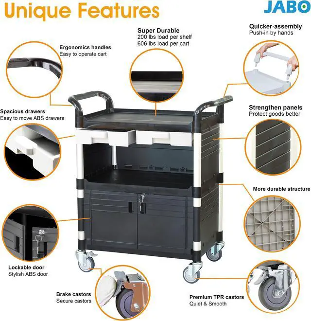 Alt view image 2 of 7 - JaboEquip, Commercial Heavy Duty 3 Tier Utility Cart Service Cart Hospital cart Medical cart, for Lab Hospitality Medical Office, 606 lbs, JB-3KD1, Black