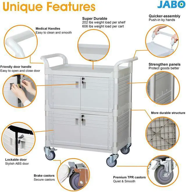 Alt view image 2 of 7 - JaboEquip Commercial Heavy Duty Medical Cart Hospital Cart, Lockable Medical Cart for hospital Clinic, JBG-3D2, Off-white