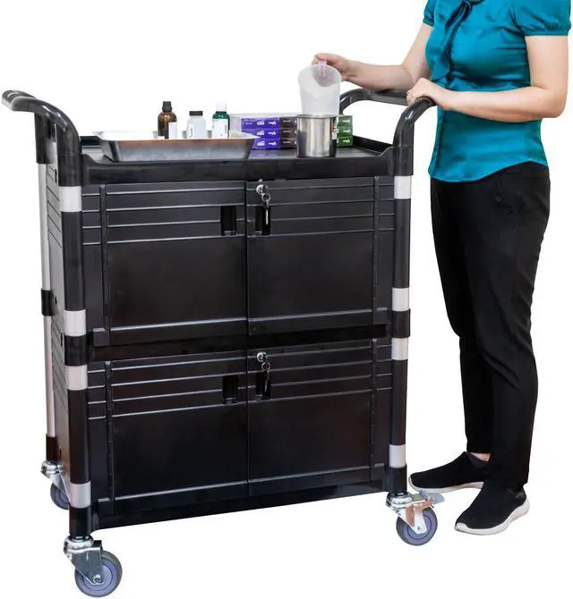 Alt view image 3 of 7 - JaboEquip Commercial Heavy Duty 3 Shelf Medical cart Utility Cart, Lockable Medical Carts for hospital and hotel, JB-3D2, Black