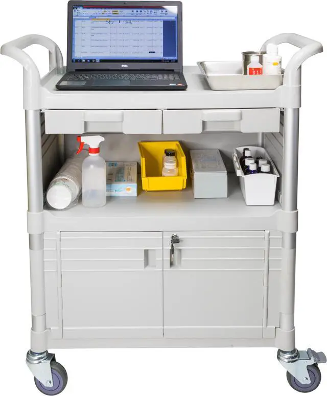 Alt view image 4 of 7 - JaboEquip, 3 tier Hospital cart Medical cart with Lockable door and 2 ABS drawers Heavy Duty Utility Cart JBG-3KD1, white