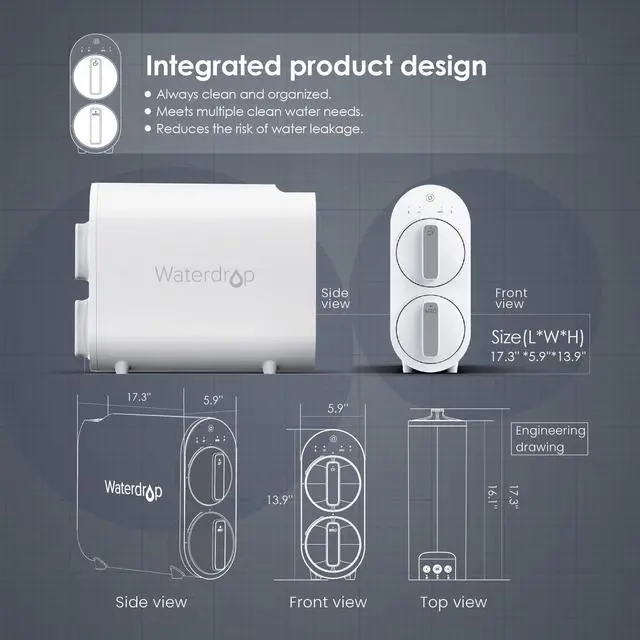Alt view image 6 of 7 - Waterdrop 400 GPD 5 Stage RO Reverse Osmosis Water Filtration System, Tankless, 1:1 Pure to Drain, FCC Listed, USA Tech, WD-G2-W, White