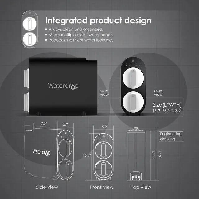 Alt view image 4 of 7 - Waterdrop 400 GPD 5 Stage RO Reverse Osmosis Water Filtration System, Tankless, 1:1 Pure to Drain, FCC Listed, USA Tech, WD-G2-B, Black