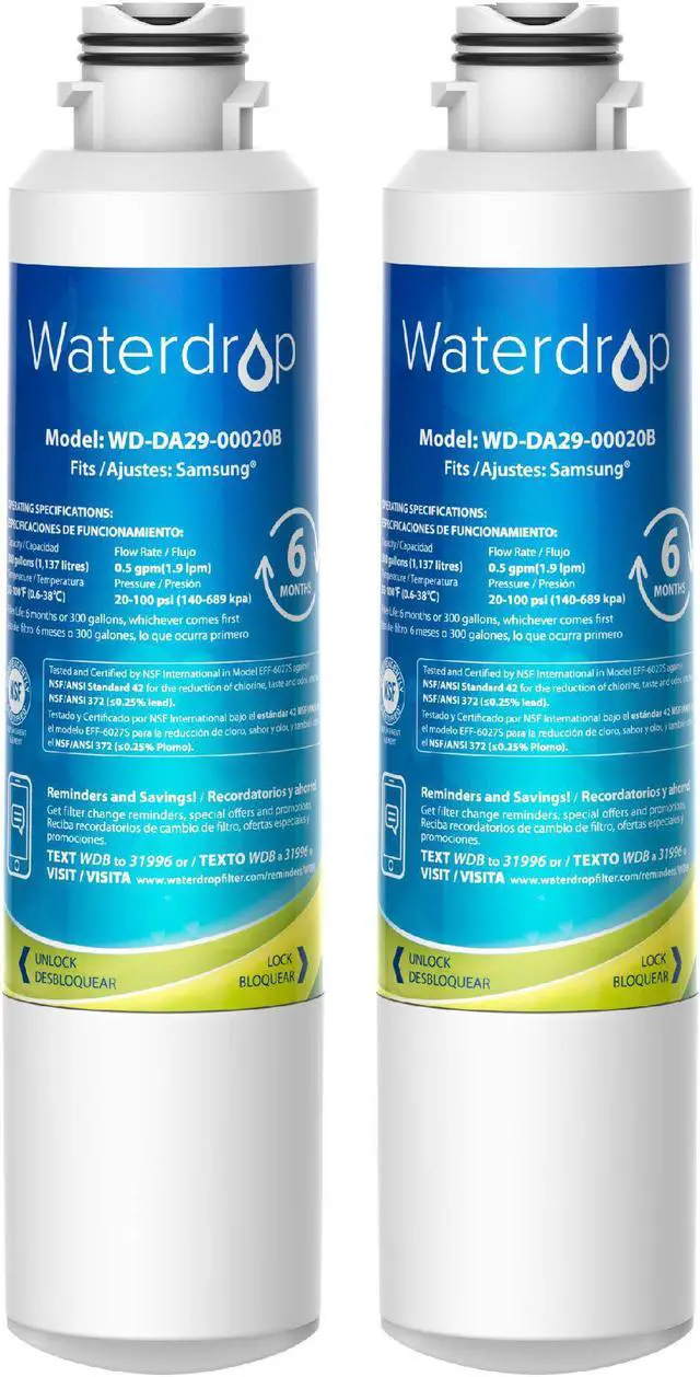 Main image of Waterdrop DA29-00020B NSF 53&42 Certified Refrigerator Water Filter, Replacement for Samsung HAF-CIN/EXP, DA29-00020A/B, DA29-00020B-1, RF263BEAESR, RF28HMEDBSR, RS25J500DSR, RF4287HARS, 2 Filters