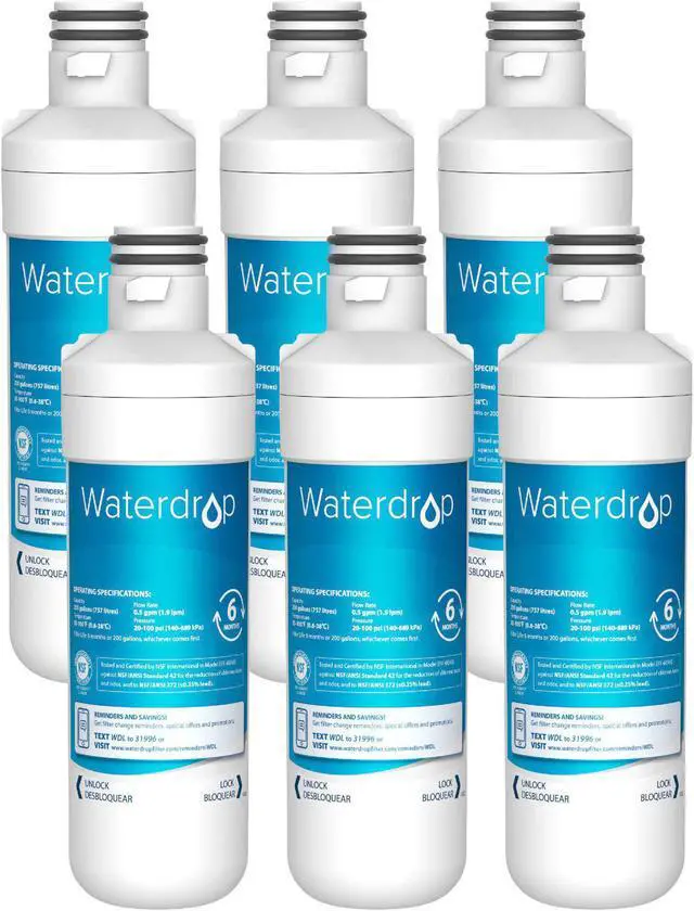 Main image of Waterdrop LT1000PC ADQ747935 MDJ64844601 Refrigerator Water Filter, Replacement for LG® LT1000P®, ADQ74793501, ADQ74793502, Kenmore 46-9980, 9980, LFXC24796S, LSFXC2496D, NSF Certified, Pack of 6