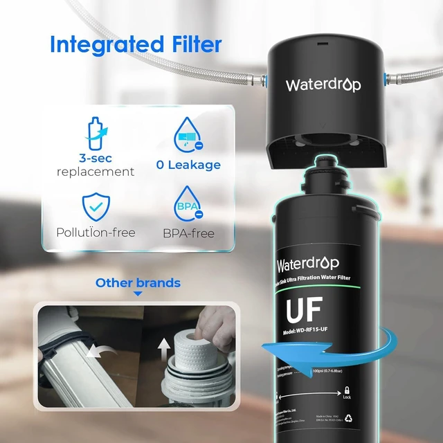 Alt view image 3 of 7 - Waterdrop 15UA-UF 0.01 m Ultra Filtration Under Sink Water Filter for Baçtria Reduction, , Reduces Lead, Chlorine, Bad Taste & Odor, Direct Connect to Kitchen Faucet, USA Tech
