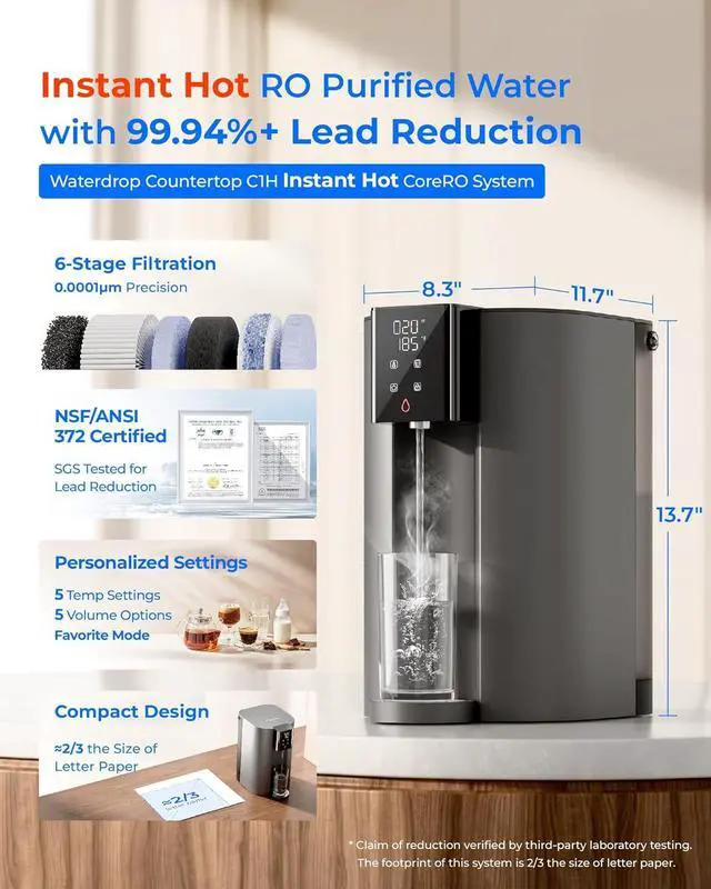 Alt view image 7 of 7 - Waterdrop CoreRO Reverse Osmosis System, 6 Stage, Hot & Ambient Countertop RO Water Filter, No Installation Required, 3:1 Pure to Drain, WD-C1H