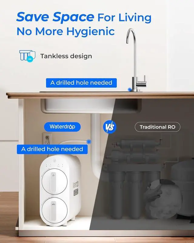 Alt view image 2 of 5 - Waterdrop G2P600 Reverse Osmosis System, 600 GPD Tankless RO Water Filter System, 7 Stage Filtration, Under Sink RO System, 2:1 Pure to Drain, Reduce TDS, FCC Listed, USA Tech, New Faucet