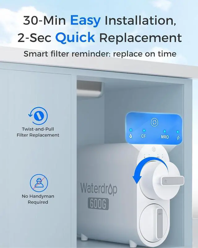 Alt view image 4 of 5 - Waterdrop G2P600 Reverse Osmosis System, 600 GPD Tankless RO Water Filter System, 7 Stage Filtration, Under Sink RO System, 2:1 Pure to Drain, Reduce TDS, FCC Listed, USA Tech, New Faucet