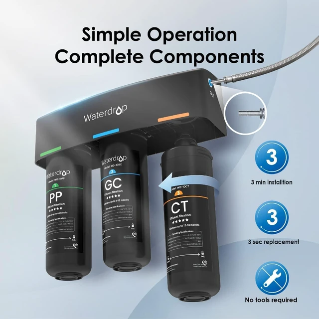 Alt view image 7 of 7 - Waterdrop TSA 8 Layer Under Sink Water Filter System, Under Sink Water Filtration System, Reduces PFAS, PFOA/PFOS, Fluoride, Chlorine, Bad Taste & Odor, NSF/ANSI 42 Certified Element, USA Tech