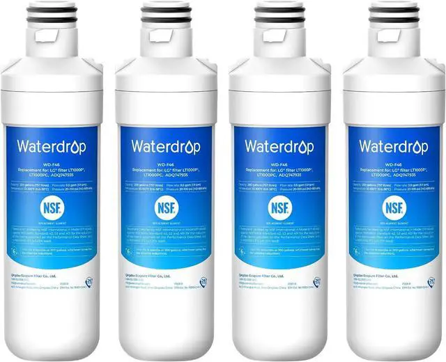 Main image of Waterdrop LT1000PC ADQ747935 MDJ64844601 Refrigerator Water Filter, Reduce chlorine, bad taste and odor, Replacement for LG® LT1000P®, ADQ74793501, ADQ74793502, Kenmore 46-9980, Pack of 4
