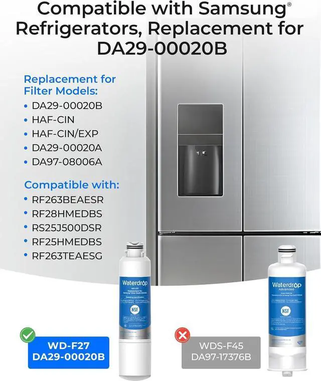 Alt view image 7 of 7 - Waterdrop Refrigerator Water Filter, Replacement for Samsung® HAF-CIN/EXP, DA29-00020B, RF263BEAESR, RF4287HARS, Reduce Chlorine, bad Taste and Odor, 2 Filters