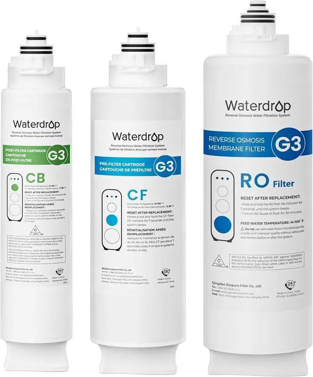 Main image of Waterdrop G3-CFCBRO Filter, Replacement for Waterdrop G3-W 400 GPD Reverse Osmosis System, Pack of 1 G3-N1CF, 1 G3-N3CB, and 1 G3-N2RO Set Filter