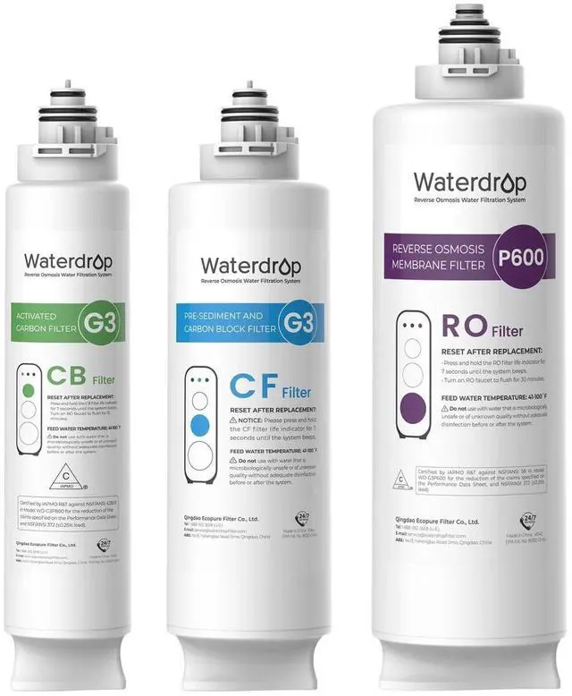 Main image of Waterdrop G3P600-CFCBRO Filter, Replacement for Waterdrop G3P600 Reverse Osmosis System, Pack of 1 G3-N1CF, 1 G3-N3CB, and 1 G3P600-RO Set Filter
