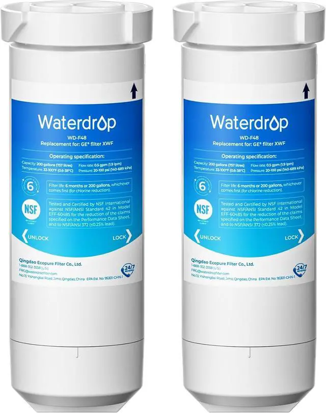 Main image of Waterdrop XWF Refrigerator Water Filter, Replacement for GE® XWF, WR17X30702, NSF 42 & 372 Certified, Compatible with GE® GNE27, GFE26, GDE25, GSS25, PSE25 Series Refrigerators