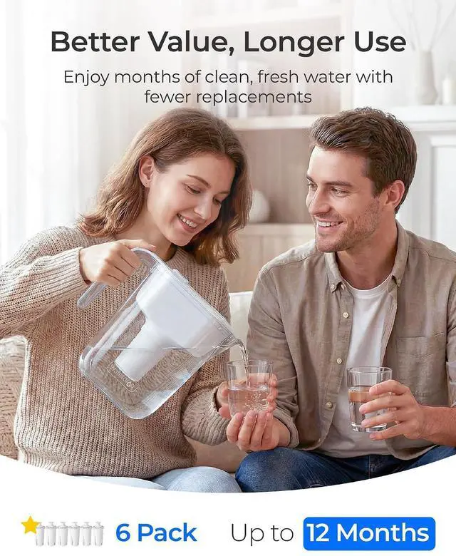 Alt view image 4 of 7 - Waterdrop Water Filter Replacement for Brita® & WD-PT-11 Water Pitcher | Compatible with Brita® Water Pitchers and Dispensers, 6 Pack