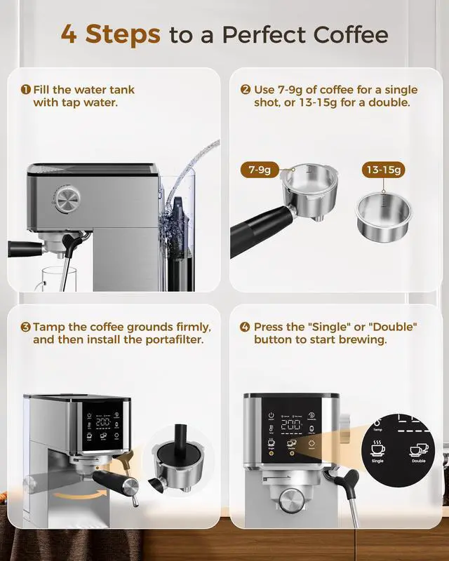 Alt view image 6 of 7 - Waterdrop MC-02M Semi-Automatic Espresso Machine, 20 Bar Pressure with 40oz Water Tank, Magnesium Enhanced Water for Smoother Flavor
