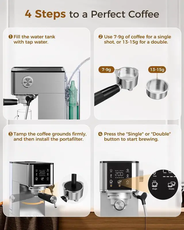 Alt view image 6 of 7 - Waterdrop MC-02C Semi-Automatic Espresso Machine, 20 Bar Pressure with 40oz Water Tank, TDS Reduction Preserves Beneficial Minerals