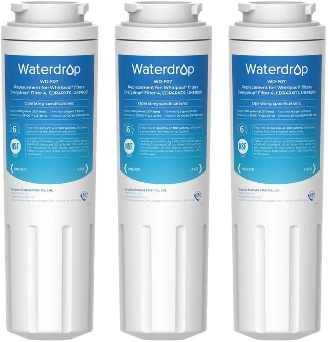 Main image of Waterdrop UKF8001 Refrigerator Water Filter 4, 3 Pack, Replacement for Whirlpool® EDR4RXD1, EveryDrop® Filter 4, Maytag® UKF8001AXX-750