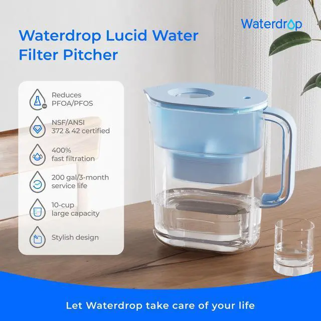 Alt view image 2 of 7 - Waterdrop PT-07B Water Filter Pitcher, 10-Cup, NSF Certified, Blue, 200-Gallon Long-Life Filter, Improves Coffee & Tea Taste, Reduces PFOA/PFOS and Chlorine, 5X Longer Filter Life