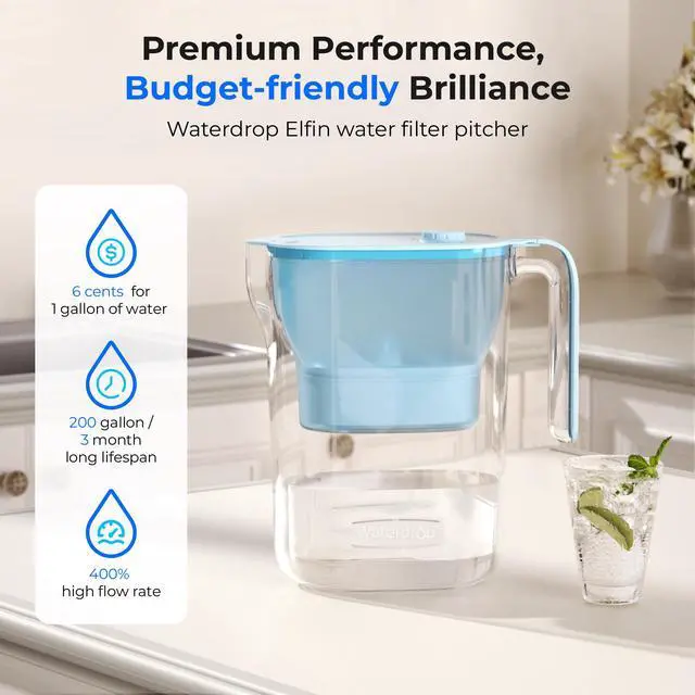 Alt view image 2 of 7 - Waterdrop PT-05B-L Water Filter Pitcher, 7-Cup, NSF Certified, Blue, 200-Gallon Long-Life Filter Purifier, Reduces Chlorine and PFOA/PFOS