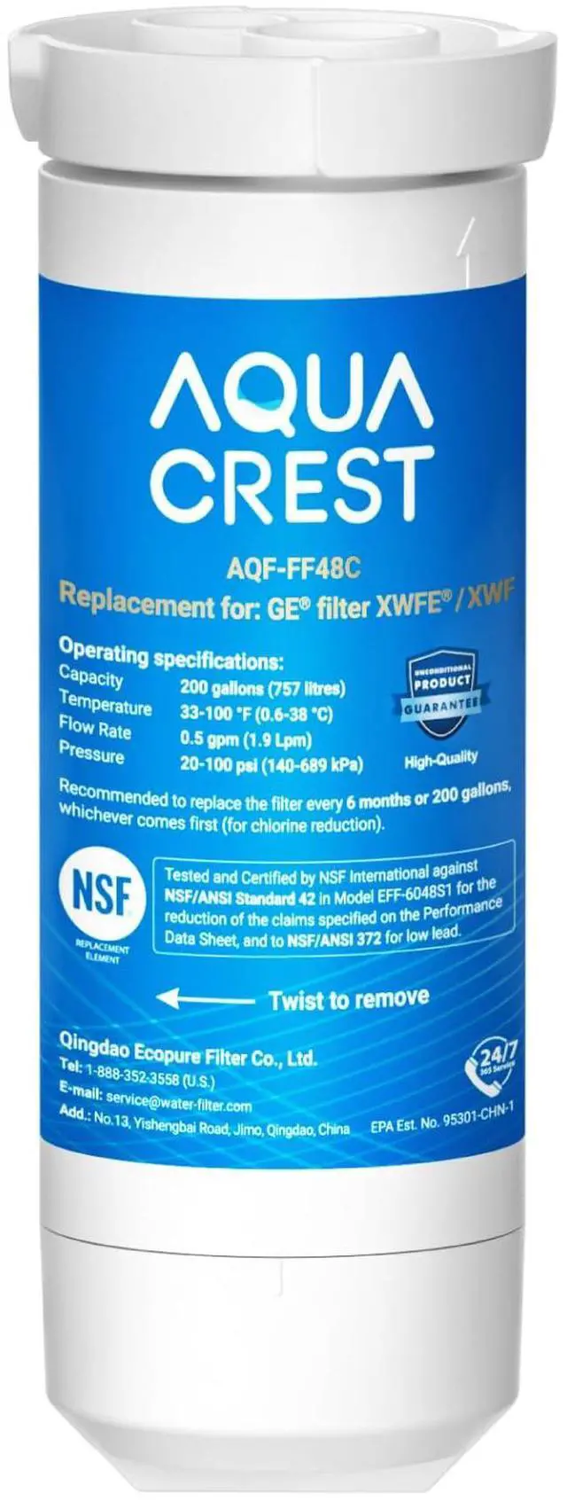 Main image of AQUA CREST XWFE® Water Filter, Replacement for GE® XWFE®, Built-in Chip, Replacement for GE® XWF, Compatible with GNE27, GNE25, GNE21, GFE28
