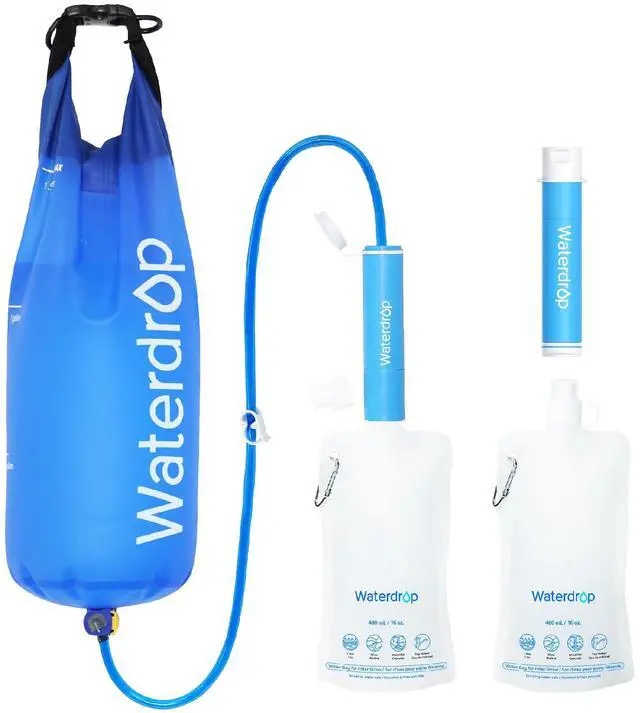 Main image of Waterdrop Gravity Water Filter Straw, Camping Water Filter, 0.1 Micron, Survival Water Purifier for Hiking, Backpacking & Emergency Preparedness, Multi-Stage Filter with 1.5 Gallon Bag, 2 Pack
