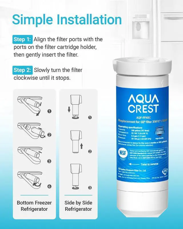 Alt view image 4 of 7 - AQUA CREST XWFE® Water Filter, Replacement for GE® XWFE®, Built-in Chip, Replacement for GE® XWF, Compatible with GNE27, GNE25, GNE21, GFE28