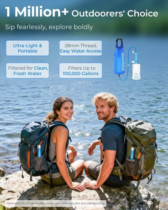 Alt view image 2 of 7 - Waterdrop Gravity Water Filter Straw, Camping Water Filter, 0.1 Micron, Survival Water Purifier for Hiking, Backpacking & Emergency Preparedness, Multi-Stage Filter with 1.5 Gallon Bag, 2 Pack