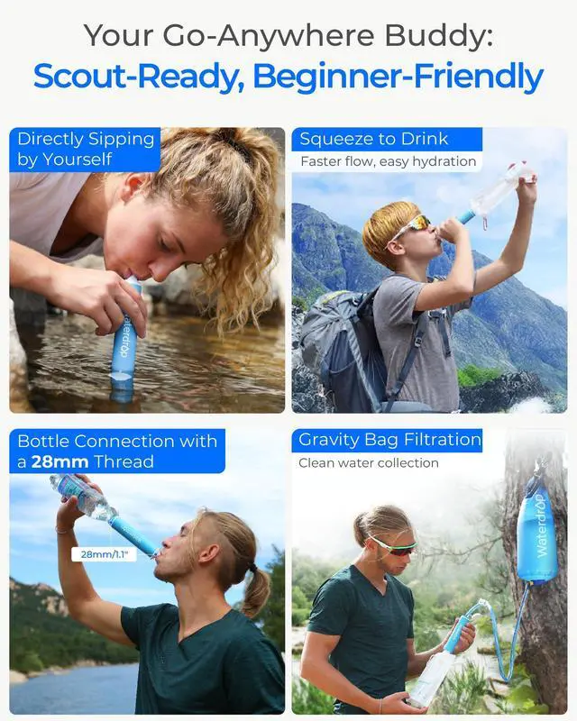 Alt view image 4 of 7 - Waterdrop Gravity Water Filter Straw, Camping Water Filter, 0.1 Micron, Survival Water Purifier for Hiking, Backpacking & Emergency Preparedness, Multi-Stage Filter with 1.5 Gallon Bag, 2 Pack