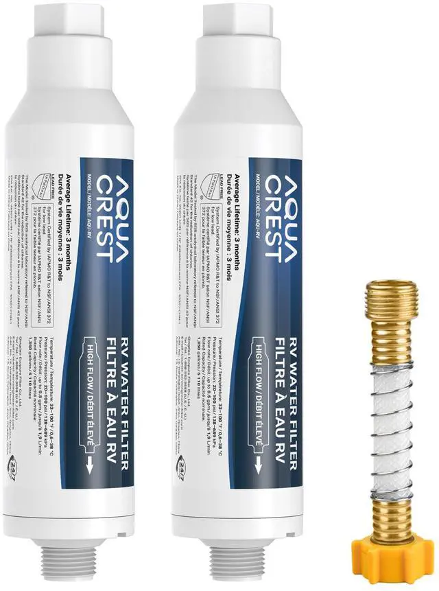 Main image of AQUA CREST RV Inline Water Filter, Garden Hose & Camper Water Filter,NSF/ANSI Certified, Reduces Chlorine, Odor, Bad Taste and Sediment in Drinking Water, with Flexible Hose Protector, 2 Pack