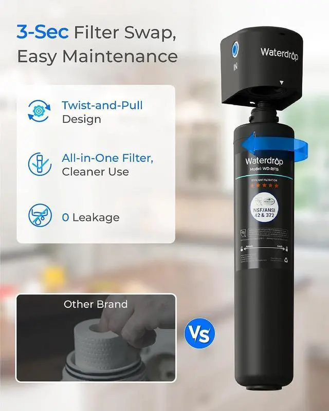 Alt view image 6 of 7 - Waterdrop RF15 Water Filter Replacement for Waterdrop 15UA/15UB/15UC, Reduces PFOA/PFOS, PFAS, Lead, Chlorine, Bad Taste & Odor, Under Sink Water