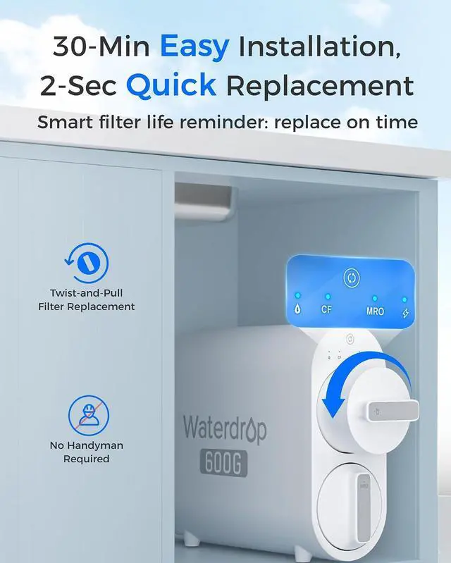 Alt view image 4 of 7 - Waterdrop WD-G2CF Filter, Replacement for WD-G2-W, WD-G2-B, WD-G2P600-W Reverse Osmosis System,12-Month Lifetime