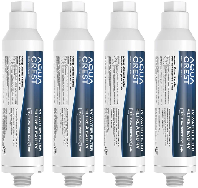 Main image of AQUA CREST RV Inline Water Filter, Garden Hose & Camper Water Filter, NSF/ANSI Certified, Reduces Chlorine, Odor, Bad Taste and Sediment in Drinking Water, GAC & KDF Filtration, 4 Pack
