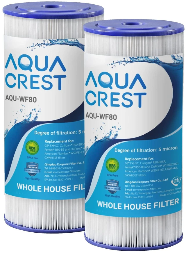 Main image of AQUA CREST FXHSC Whole House Water Filter for GE® FXHSC, 5 Micron, Replacement for Culligan® R50-BBSA, Pentek R50-BB, DuPont WFHDC3001, W50PEHD, GXWH40L, GXWH35F, 10" x 4.5", 6 Months, 2 Pack