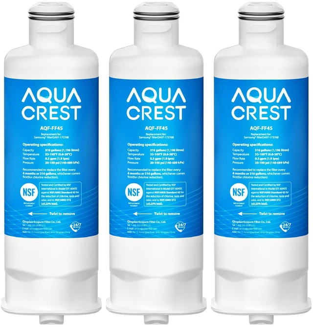 Main image of AQUA CREST AQF-FF45 Refrigerator Water Filter, 3 Pack, Replacement for Samsung® DA97-17376B, DA97-08006C, HAF-QIN/EXP, RS27T5200SR, RF28T5001SR, RF24R7201SR, RF28R6201SR