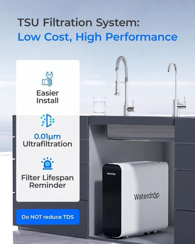 Alt view image 2 of 7 - Waterdrop TSU 0.01 Micron Ultra Filtration Under Sink Water Filter System, 3-Stage Tankless Under Sink Water Filtration System, Smart Panel, with Faucet, Drilling Required, Not Lower TDS
